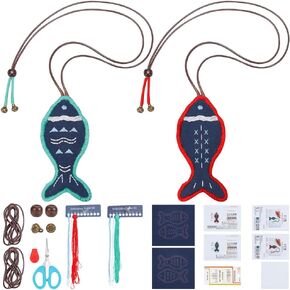 FREEBLOSS 2 Set Sashiko Kit for Beginners Sashiko Fish Pendant DIY Kit Sashiko Practice Kit with Instructions Traditional Fish Ornament Kit Sashiko Sewing Kit Embroidery Practice Project