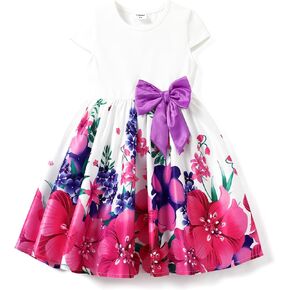 PATPAT Girls Dress Short Sleeve Princess Bowknot Little Big Girl Party Twirly Casual Dresses
