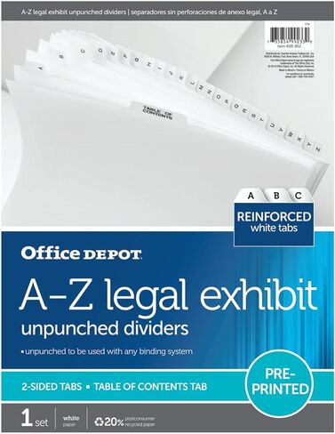 Office Depot Legal Exhibit Unpunched Dividers with Laminated Tabs, Black/White, A-Z, 3585478216 in Saudi Arabia