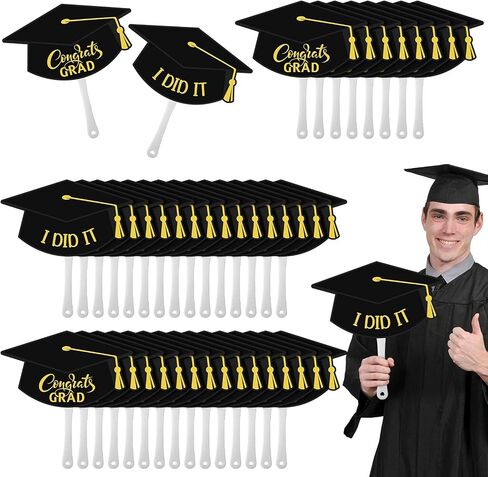 48 Pack Black Grad Cap Fan Bulk Congrats Grad I Did It Black Grad Cap Hand Paper Fans Graduation Cap Shape Fans with Plastic Handle Glue Points Dots Grad Cap Paper Fans for Graduation Party in Saudi Arabia