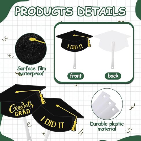 48 Pack Black Grad Cap Fan Bulk Congrats Grad I Did It Black Grad Cap Hand Paper Fans Graduation Cap Shape Fans with Plastic Handle Glue Points Dots Grad Cap Paper Fans for Graduation Party in Saudi Arabia