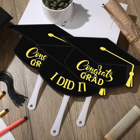 48 Pack Black Grad Cap Fan Bulk Congrats Grad I Did It Black Grad Cap Hand Paper Fans Graduation Cap Shape Fans with Plastic Handle Glue Points Dots Grad Cap Paper Fans for Graduation Party in Saudi Arabia