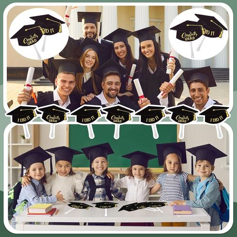 48 Pack Black Grad Cap Fan Bulk Congrats Grad I Did It Black Grad Cap Hand Paper Fans Graduation Cap Shape Fans with Plastic Handle Glue Points Dots Grad Cap Paper Fans for Graduation Party in Saudi Arabia