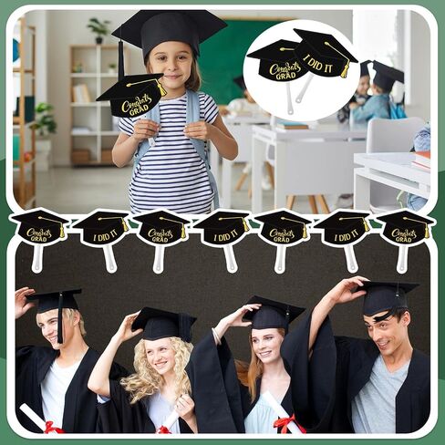 48 Pack Black Grad Cap Fan Bulk Congrats Grad I Did It Black Grad Cap Hand Paper Fans Graduation Cap Shape Fans with Plastic Handle Glue Points Dots Grad Cap Paper Fans for Graduation Party in Saudi Arabia