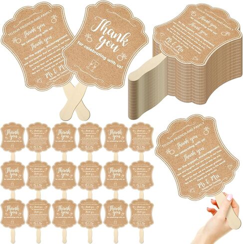 DoubleFill 50 Pcs Hand Held Wedding Fans for Guests Wedding Hand Fan Bulk Kraft Paper Fans for Wedding Thank You Handheld Wedding Favors Fans with Wooden Handle for Ceremony Bridal Shower Party in Kuwait