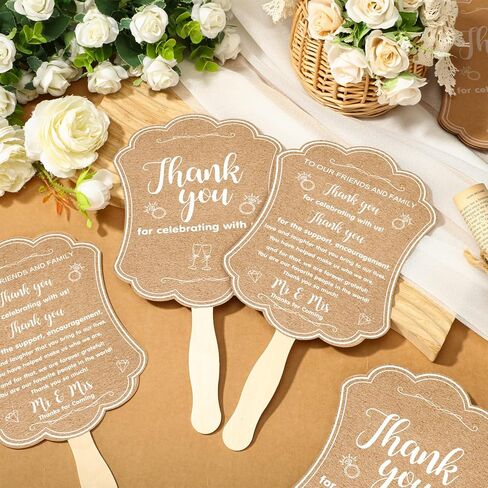 DoubleFill 50 Pcs Hand Held Wedding Fans for Guests Wedding Hand Fan Bulk Kraft Paper Fans for Wedding Thank You Handheld Wedding Favors Fans with Wooden Handle for Ceremony Bridal Shower Party in Kuwait