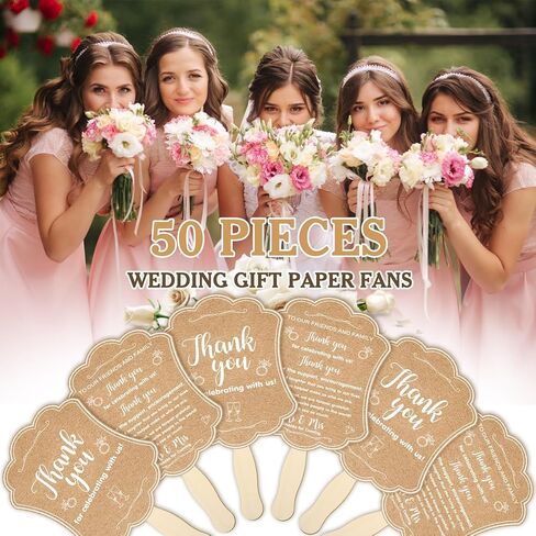 DoubleFill 50 Pcs Hand Held Wedding Fans for Guests Wedding Hand Fan Bulk Kraft Paper Fans for Wedding Thank You Handheld Wedding Favors Fans with Wooden Handle for Ceremony Bridal Shower Party in Kuwait
