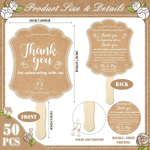 DoubleFill 50 Pcs Hand Held Wedding Fans for Guests Wedding Hand Fan Bulk Kraft Paper Fans for Wedding Thank You Handheld Wedding Favors Fans with Wooden Handle for Ceremony Bridal Shower Party in Kuwait