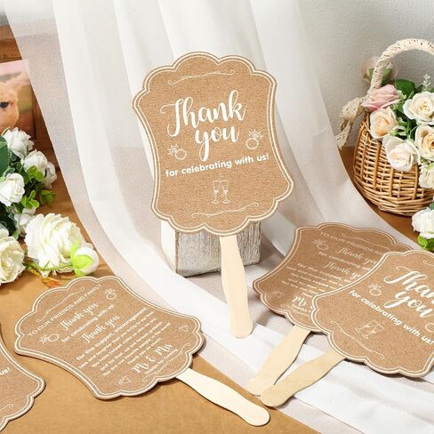 DoubleFill 50 Pcs Hand Held Wedding Fans for Guests Wedding Hand Fan Bulk Kraft Paper Fans for Wedding Thank You Handheld Wedding Favors Fans with Wooden Handle for Ceremony Bridal Shower Party in Kuwait