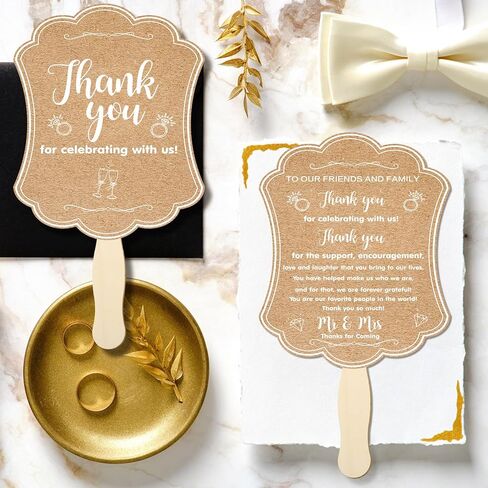 DoubleFill 50 Pcs Hand Held Wedding Fans for Guests Wedding Hand Fan Bulk Kraft Paper Fans for Wedding Thank You Handheld Wedding Favors Fans with Wooden Handle for Ceremony Bridal Shower Party in Kuwait