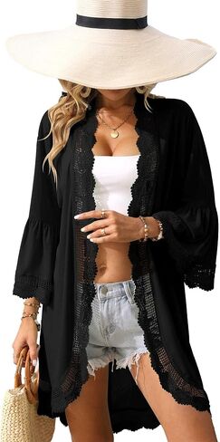 Summer Women's Beach Solid Color Kimonos Lace Light Weight Cover Up Dressy Cardigan Night Black M in Saudi Arabia