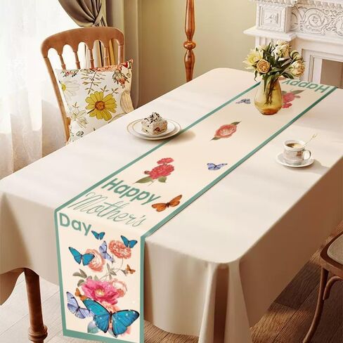 مفرش طاولة عيد الأم السعيدة من WRAPAHOLIC - مقاس 33.02 × 72 بوصة - ديكور طاولة طعام المطبخ الداخلي من خيش المزرعة للحفلات المنزلية - زهور بيضاء ووردية in Kuwait