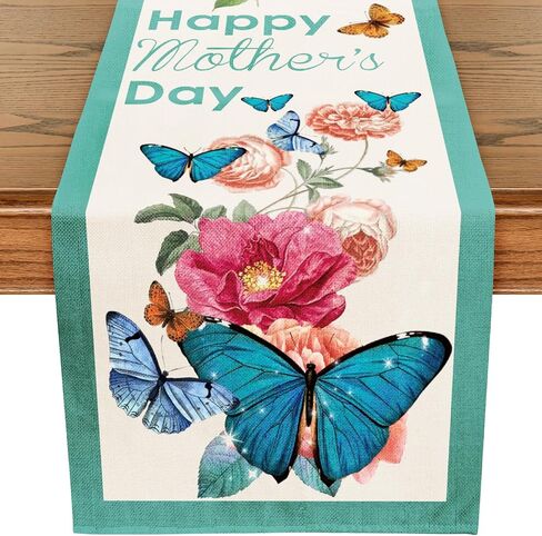 مفرش طاولة عيد الأم السعيدة من WRAPAHOLIC - مقاس 33.02 × 72 بوصة - ديكور طاولة طعام المطبخ الداخلي من خيش المزرعة للحفلات المنزلية - زهور بيضاء ووردية in Kuwait