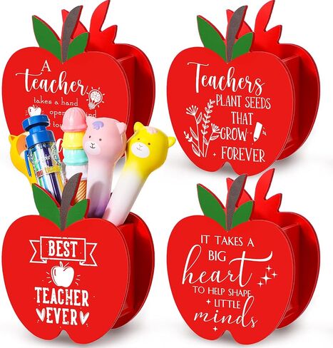 Shape of Apple Wooden Pencil Holder Pencil Cup Marker Organizer Wood Appreciation Teacher Gifts Desktop Pen Organizer for Last or First Day of School Classroom Thanksgiving Teacher Gift (4 Pcs) in Saudi Arabia