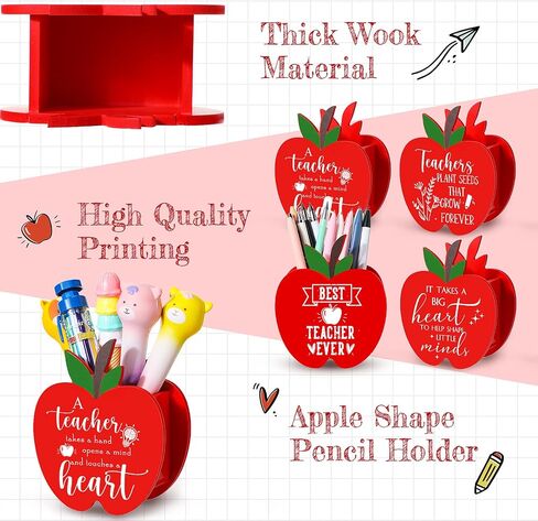 Shape of Apple Wooden Pencil Holder Pencil Cup Marker Organizer Wood Appreciation Teacher Gifts Desktop Pen Organizer for Last or First Day of School Classroom Thanksgiving Teacher Gift (4 Pcs) in Saudi Arabia