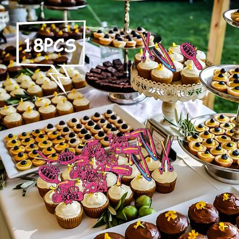 18pcs Pink Glitter Hairstylist Dessert Cupcake Topper Congrats I Survived Cosmetology School Theme Decorations Boys Girls 2024 College Graduation Party Decor Supplies in Saudi Arabia