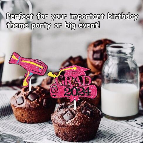 18pcs Pink Glitter Hairstylist Dessert Cupcake Topper Congrats I Survived Cosmetology School Theme Decorations Boys Girls 2024 College Graduation Party Decor Supplies in Saudi Arabia