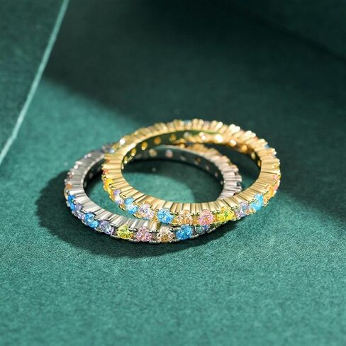 Bellitia Jewelry Gold Plated/925 Sterling Silver Fashion Stackable Rings for Women Colorful Cubic Zirconia Eternity Ring Rainbow Jewelry Gifts, Multi Color Gemstone Eternity Wedding Band in Saudi Arabia