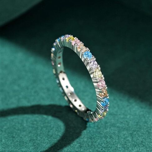 Bellitia Jewelry Gold Plated/925 Sterling Silver Fashion Stackable Rings for Women Colorful Cubic Zirconia Eternity Ring Rainbow Jewelry Gifts, Multi Color Gemstone Eternity Wedding Band in Saudi Arabia