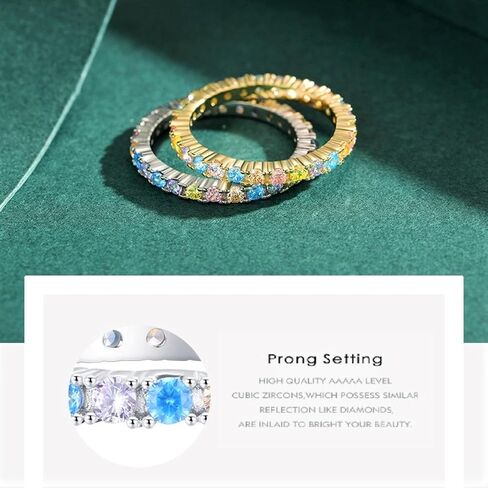 Bellitia Jewelry Gold Plated/925 Sterling Silver Fashion Stackable Rings for Women Colorful Cubic Zirconia Eternity Ring Rainbow Jewelry Gifts, Multi Color Gemstone Eternity Wedding Band in Saudi Arabia