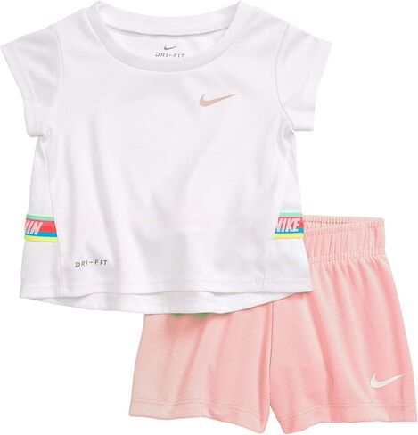 Nike Girl's Contrast Logo Taping Graphic Print T Shirt & Shorts 2 Piece Set (Pink(26G485-A8F)/White, 2T) in Saudi Arabia