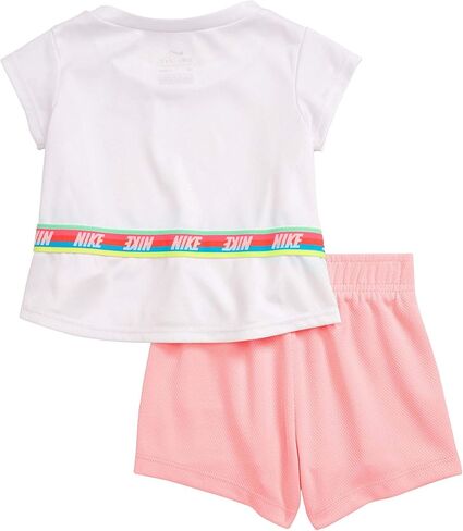 Nike Girl's Contrast Logo Taping Graphic Print T Shirt & Shorts 2 Piece Set (Pink(26G485-A8F)/White, 2T) in Saudi Arabia