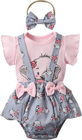KuKitty Newborn Infant Baby Girl Clothes Solid Ribbed Ruffle Sleeve Top and Overall Shorts with Headband in Saudi Arabia