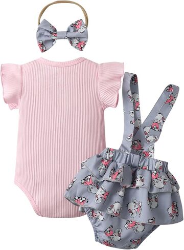 KuKitty Newborn Infant Baby Girl Clothes Solid Ribbed Ruffle Sleeve Top and Overall Shorts with Headband in Saudi Arabia