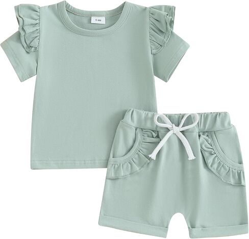Ursobutegl Toddler Baby Girls Summer Outfits Ruffle Short Sleeve T-shirt Top Elastic Waist Shorts 2pcs Infant Clothes Set in Kuwait