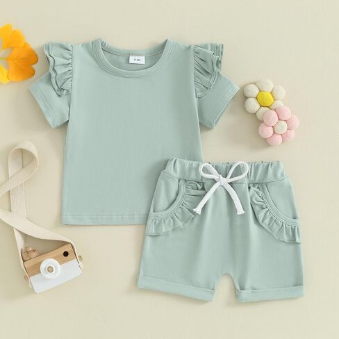 Ursobutegl Toddler Baby Girls Summer Outfits Ruffle Short Sleeve T-shirt Top Elastic Waist Shorts 2pcs Infant Clothes Set in Kuwait