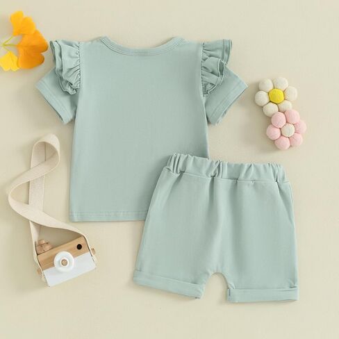 Ursobutegl Toddler Baby Girls Summer Outfits Ruffle Short Sleeve T-shirt Top Elastic Waist Shorts 2pcs Infant Clothes Set in Kuwait