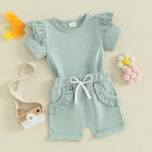 Ursobutegl Toddler Baby Girls Summer Outfits Ruffle Short Sleeve T-shirt Top Elastic Waist Shorts 2pcs Infant Clothes Set in Kuwait