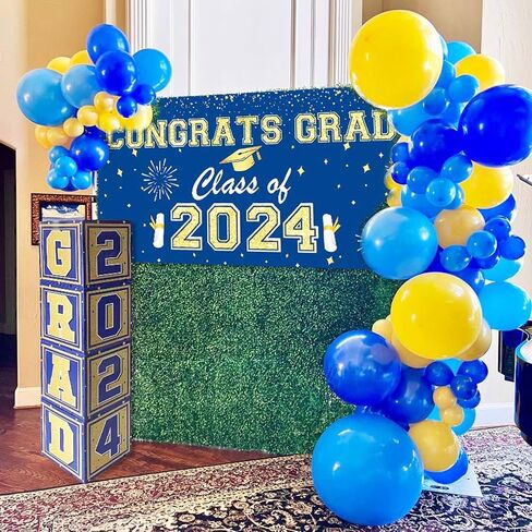 Lajeje Graduation Decorations Class of 2024, 68pcs Navy Blue and Gold Graduation Party Supplies Balloon Arch Kit Balloon Boxes Grad Banner for High School College Graduation Party Decor in Saudi Arabia