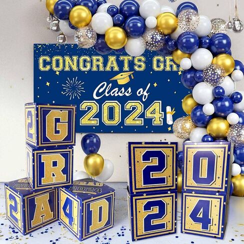 Lajeje Graduation Decorations Class of 2024, 68pcs Navy Blue and Gold Graduation Party Supplies Balloon Arch Kit Balloon Boxes Grad Banner for High School College Graduation Party Decor in Saudi Arabia