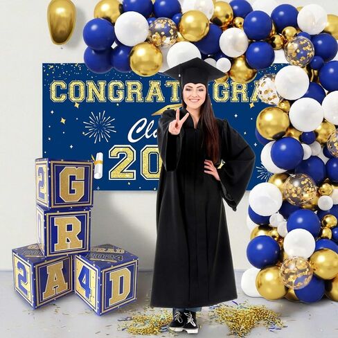 Lajeje Graduation Decorations Class of 2024, 68pcs Navy Blue and Gold Graduation Party Supplies Balloon Arch Kit Balloon Boxes Grad Banner for High School College Graduation Party Decor in Saudi Arabia