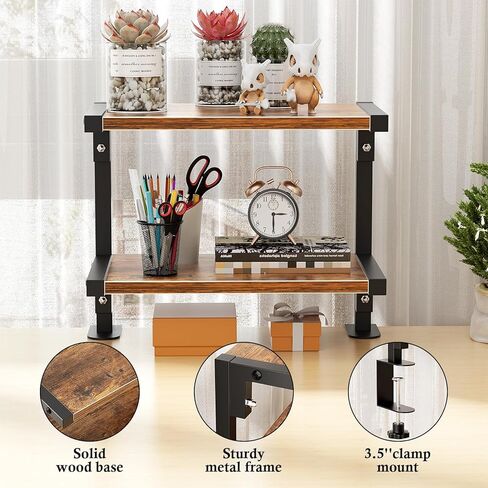 mopam المشبك على رف المكتب منظم موسع سطح المكتب بطبقتين، رف تخزين خشبي مقاس 12 بوصة مثبت فوق أو أسفل حامل عرض سطح المكتب وحدة رفوف رف الكتب المكتبي لسطح الطاولة in Kuwait