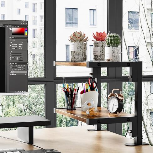 mopam المشبك على رف المكتب منظم موسع سطح المكتب بطبقتين، رف تخزين خشبي مقاس 12 بوصة مثبت فوق أو أسفل حامل عرض سطح المكتب وحدة رفوف رف الكتب المكتبي لسطح الطاولة in Kuwait