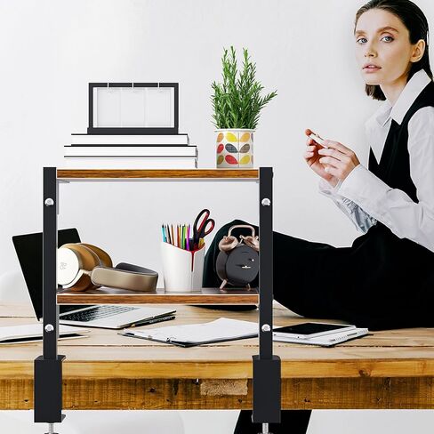 mopam المشبك على رف المكتب منظم موسع سطح المكتب بطبقتين، رف تخزين خشبي مقاس 12 بوصة مثبت فوق أو أسفل حامل عرض سطح المكتب وحدة رفوف رف الكتب المكتبي لسطح الطاولة in Kuwait