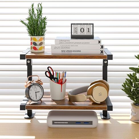 mopam المشبك على رف المكتب منظم موسع سطح المكتب بطبقتين، رف تخزين خشبي مقاس 12 بوصة مثبت فوق أو أسفل حامل عرض سطح المكتب وحدة رفوف رف الكتب المكتبي لسطح الطاولة in Kuwait