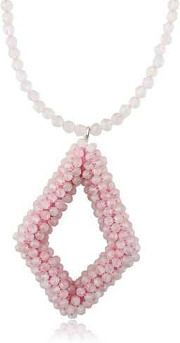 CRYSTALIS Natural Rose Quartz Beads Choker Pendant Necklace, Beaded Micro Framed Kite Shape Crystals, Chakra Energy, Healing Gemstone, Women Jewelry, Sterling Silver 18 inch in Kuwait