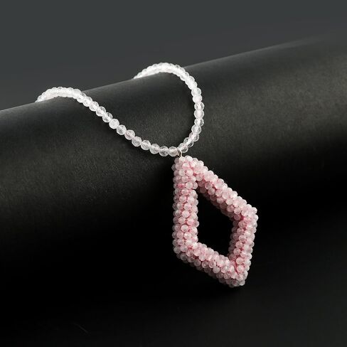 CRYSTALIS Natural Rose Quartz Beads Choker Pendant Necklace, Beaded Micro Framed Kite Shape Crystals, Chakra Energy, Healing Gemstone, Women Jewelry, Sterling Silver 18 inch in Kuwait