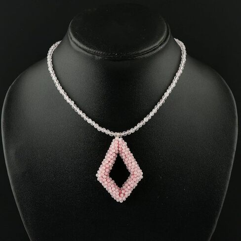 CRYSTALIS Natural Rose Quartz Beads Choker Pendant Necklace, Beaded Micro Framed Kite Shape Crystals, Chakra Energy, Healing Gemstone, Women Jewelry, Sterling Silver 18 inch in Kuwait