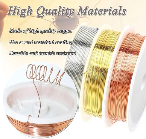 سلك حرفة الحوت لصنع المجوهرات، 18 مقياس نحاسي 3 لفات 5 أقدام لفة ممتازة مقاومة للتلطيخ، مستلزمات صناعة يدوية ذهبية وفضية ووردية (3 لفات) in Kuwait