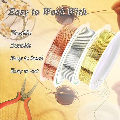 سلك حرفة الحوت لصنع المجوهرات، 18 مقياس نحاسي 3 لفات 5 أقدام لفة ممتازة مقاومة للتلطيخ، مستلزمات صناعة يدوية ذهبية وفضية ووردية (3 لفات) in Kuwait
