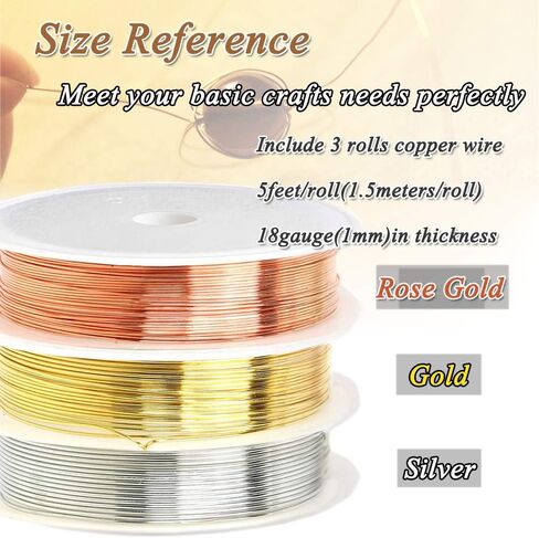 سلك حرفة الحوت لصنع المجوهرات، 18 مقياس نحاسي 3 لفات 5 أقدام لفة ممتازة مقاومة للتلطيخ، مستلزمات صناعة يدوية ذهبية وفضية ووردية (3 لفات) in Kuwait