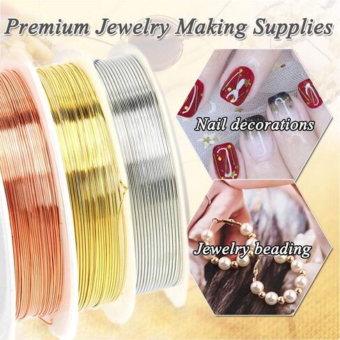سلك حرفة الحوت لصنع المجوهرات، 18 مقياس نحاسي 3 لفات 5 أقدام لفة ممتازة مقاومة للتلطيخ، مستلزمات صناعة يدوية ذهبية وفضية ووردية (3 لفات) in Kuwait