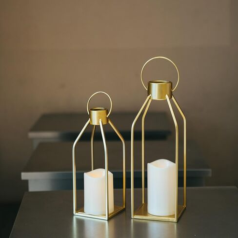 HPC Decor Modern Farmhouse Lantern Decor- Gold Metal Candle Lanterns for Christmas- Lanterns Decorative w/Timer Flickering Candles for Living Room, Home, Indoor, Outdoor, Table,Fireplace Mantle Decor in Saudi Arabia