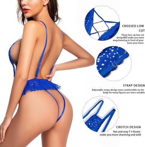 ملابس داخلية ADSEXY للنساء مثيرة تيدي دانتيل مفرغ قطعة واحدة شفافة من خلال ملابس داخلية عميقة على شكل حرف V بدون ظهر بيبي دول صغير in Kuwait