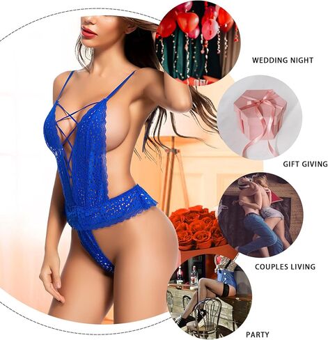 ملابس داخلية ADSEXY للنساء مثيرة تيدي دانتيل مفرغ قطعة واحدة شفافة من خلال ملابس داخلية عميقة على شكل حرف V بدون ظهر بيبي دول صغير in Kuwait