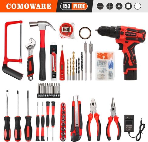 COMOWARE 16.8V Cordless Drill Tool Kit, 153Pcs Drill Set Combo Kit Tool Box with Battery for Home Repair Basic Houshold Handwork in Saudi Arabia